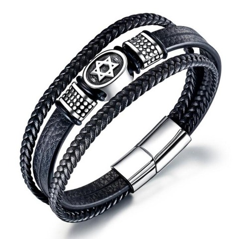 Fashion Stainless Steel Six Pointed Star Leather Bracelet Multilayer Leather Braid Men Jewelry ► Photo 1/5