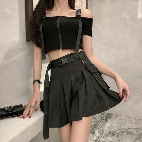 Gothic High Waist Belt Pleated Mini Skirt Women 2022 Fashion