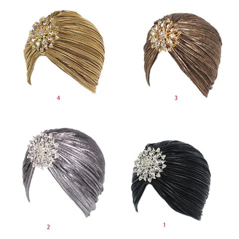 Women Indian Turban Hat Head Wrap Pleated Soft Velvet Hair Hijab Cap with Brooch ► Photo 1/5