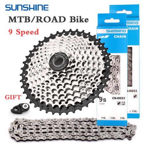 SUNSHINE 9 Speed Flywheel Shimano Road Bike Chain Set HG53 HG93 KMC X9 Chains 11-25T/28T/32T/36T/40T/42T 9V MTB Bicycle Cassette ► Photo 1/6