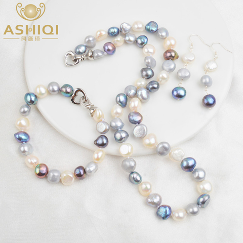 ASHIQI Natural Freshwater Pearl Jewelry Sets for Women 9-10mm Baroque Pearl NE+BR+EA ► Photo 1/6