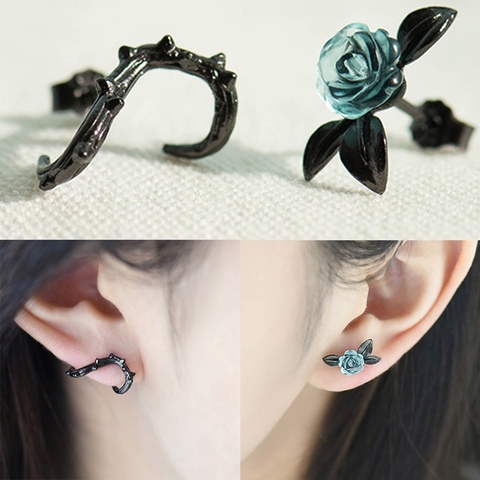 Vintage Thorn Rose Flower Stud Earrings For Women Blue Crystal Asymmetric Earrings Fashion Wedding  Jewelry Girlfriend Gift ► Photo 1/6