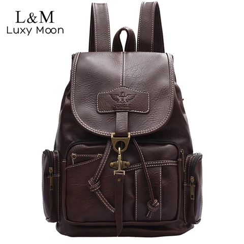 2022 Vintage Women Backpack For Teenage Girls School Bags Fashion Backpacks Retro Leather Black Drawstring Large BagPack XA150H ► Photo 1/6