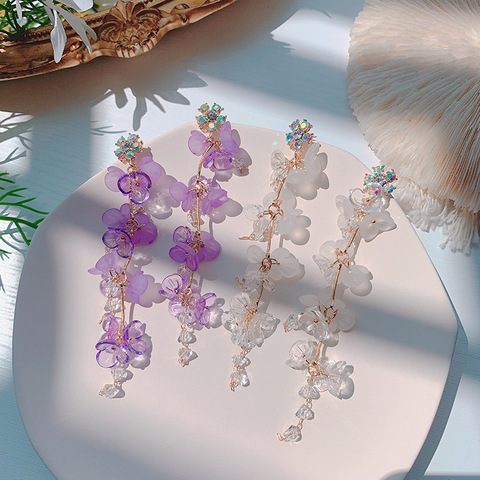 Boho White Purple Flower Tassel Long Drop Earrings For Women 2022 Summer New Trends Jewelry Pendientes ► Photo 1/6