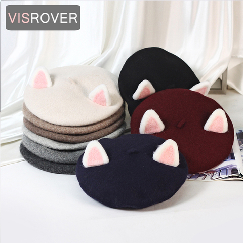 VISROVER 2022 New Cute Adult Cat Ear 100% Wool Beret Solid Autumn Hat Winter Cap Spring Punk Beret Hat Rabbit Beret Wholesale ► Photo 1/6