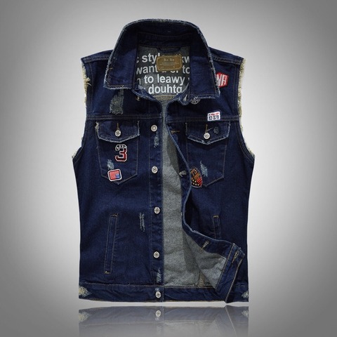 yelek erkek New Men's Patches Design Jeans Vest Ripped Denim Waistcoat Men Denim Vest Man Sleeveless Jeans Vest Frayed size 4XL ► Photo 1/6