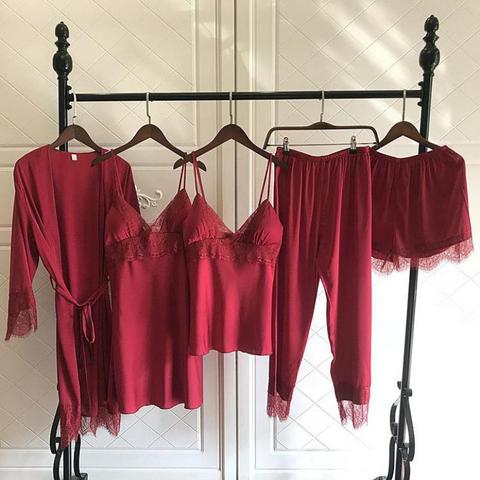 Burgundy Satin Women Kimono 5PCS Robe Set Nightgown Sexy Bathrobe Gown Homewear Bride Bridesmaid Wedding Casual Home Clothing ► Photo 1/5