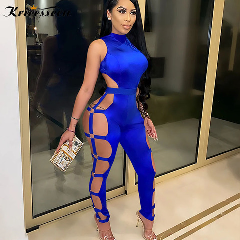 Kricesseen Sexy Solid Blue Hollow Out Long Pant Jumpsuit Women Sleeveless Back Zipper Skinny 2022 Autumn Clubwear Jumpsuits ► Photo 1/6