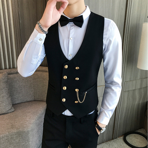 Mens Vest Double-breasted Waistcoat Male Prom Party Disco Waiter Clothes Casual Slim Fit Dress Vest For Men Tuxedo Gilet Homme ► Photo 1/6