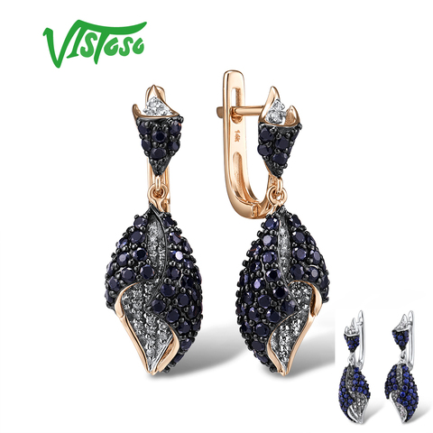 VISTOSO Gold Earrings For Women Genuine 14K 585 Rose White Gold Sparkling Diamond Blue Sapphire Drop Earrings Fine Jewelry ► Photo 1/6