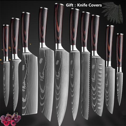 Kitchen Knife Set Damascus Kitchen Knife 7CR17 440C High Carbon Stainless  Steel Sanding Laser Pattern Stainless Steel Knife Kitchen Knife Chef Knives  Japanese Wood Handle with Knife Cover