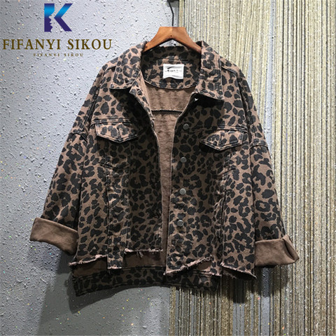 2022 Autumn Women Leopard Print Denim Jacket Streetwear Fashion Pocket Lapel Jeans Jacket Women Loose Harajuku Jacket Jeans Coat ► Photo 1/6