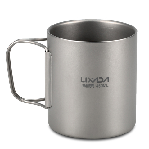 Lixada 450ml Titanium Double Wall Cup Water Coffee Tea Cup Mug with Foldable Handle Folding Spork Spoon Coffee Water Mug ► Photo 1/6