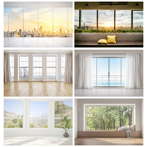 Vinyl Backdrops For Photography White Living Room French windows Curtain Wood Floor Interior View Photo Background Photo Studio ► Photo 1/6