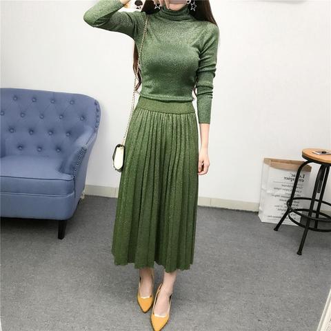 New Women spring Knitted suit autumn retro bright silk turtleneck sweater suit  pullover top+long pleated skirt girl 2piece set ► Photo 1/6