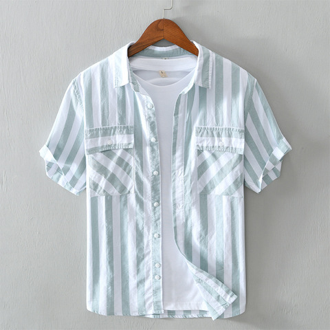 Men Summer New Arrival Short Sleeve Striped 3 Color Double Chest Pockets Summer Refreshing Pure Cotton Comfortable Casual Shirts ► Photo 1/5