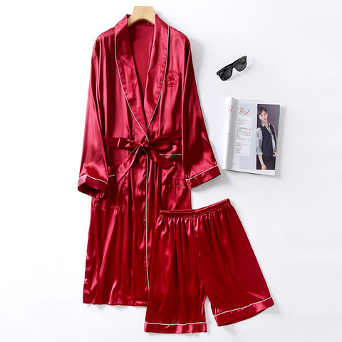 Two-Pieces Silk Nightgown Satin male Sleepwear Loose Animal Silky Long Sleeve Robe and Long Pants bathrobe set for Men ► Photo 1/1