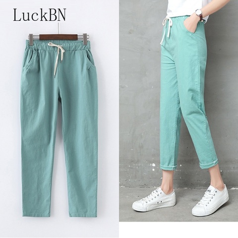 Autumn Cotton Linen Pants Women Candy Color Casual Loose Harem Pants for Women Ankle Length Trousers Female Elastic Waist Pant ► Photo 1/6