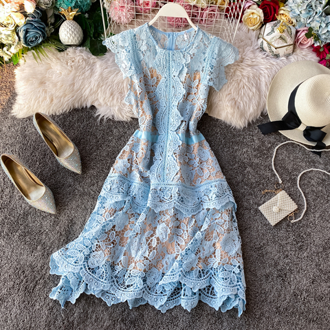 Fashion Designer Sleeveless Ruffles Dress Women O-neck Butterfly Sleeve High Waist Lace Dress Female Hollow Out Layer Cake Dress ► Photo 1/6