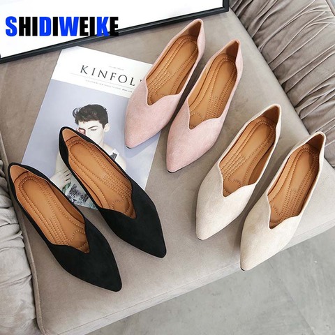 2022 Spring Women Flats Black Pointed Toe Ballet Flats Shallow Boat Shoes Woman Flock Casual Shoes Female Loafers Apricot Pink ► Photo 1/6