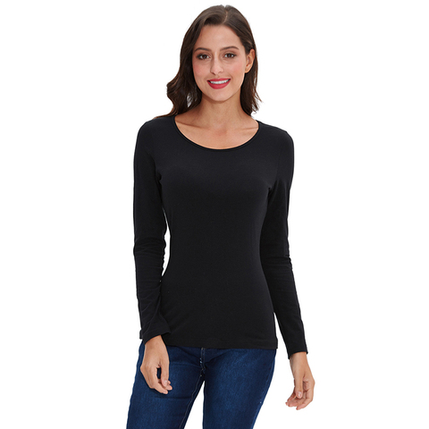 Women Basic Solid Long Sleeve T Shirt Round Crew Neck Plain Cotton Spandex Plus Size Lady tees & tops Autumn ► Photo 1/6