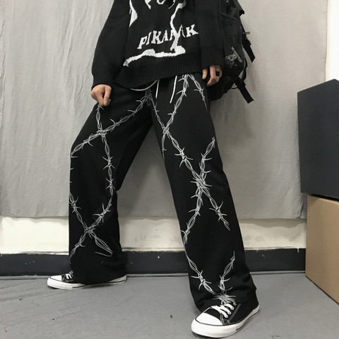 Harajuku Retro Pants Women Thorns Printed Elastic Waist Loose Wide Leg Pants Fashion Streetwear Grunge Dark Casual Pants Unisex ► Photo 1/6