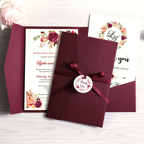 1pc Wedding Invitation Navy Blue Pocket Burgundy Greeting Card with Envelope Party With Ribbon and Tag ► Photo 1/6