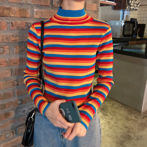 Winter Rainbow Knitted Women Sweaters And Long Sleeve Turtleneck Casual Pullovers Sueter Mujer Tops Korean Striped Acrylic Jumpe ► Photo 1/6