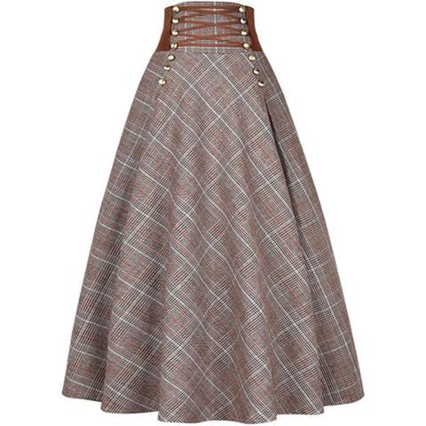 autumn winter vintage plaid long woolen skirt women high waist lace up big swing skirt a-line ► Photo 1/5