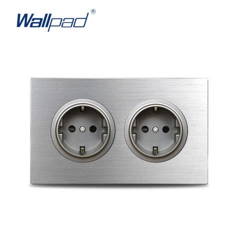 Wallpad Grey 2 Gang Double EU Plug Wall Electric Outlet Socket 146* 86mm Silver Brushed Aluminum Panel Double Frame ► Photo 1/6