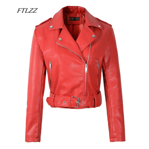 FTLZZ Women Faux Soft Leather Short Jacket Rivet Epaulet Zipper Pu Motorcycle Basic Jackets Female Red Black Outerwear With Belt ► Photo 1/6