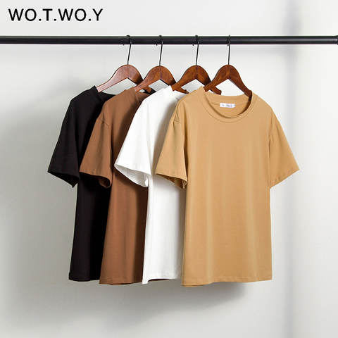 WOTWOY Solid Casual Basic T-shirt Women 2022 Summer Short Sleeve Knitted Cotton Tee Shirt Women Black White Korean Top Femme New ► Photo 1/6