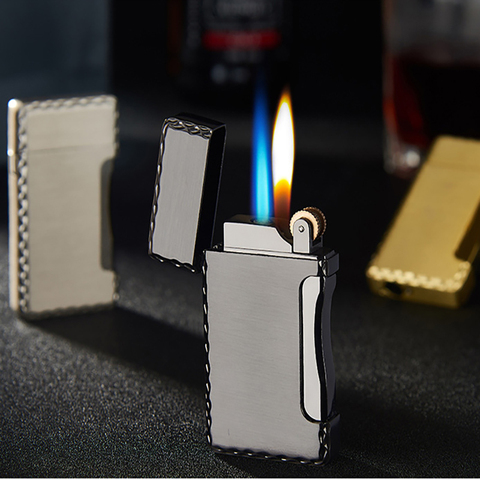 Personality Variable Double-fire Grinding Wheel Open Flame Side Pressure Straight Into Blue Fmale Inflatable Metal Lighter ► Photo 1/6