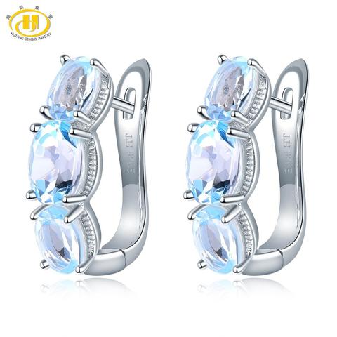 Hutang 925 Silver Hoop Earrings for Women, 1.48ct Blue Topaz Gemstone Earrings Classical Elegant Fine Sterling Silver Jewelry ► Photo 1/6