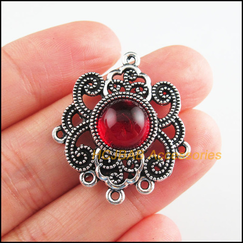 5Pcs Tibetan Silver Tone Flower Round Red Glaze Charms Connectors 27.5x31.5mm ► Photo 1/4