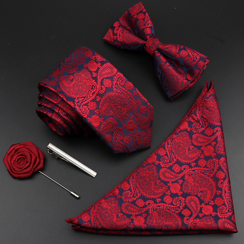 New Solid Color Silk Men Tie Set Polyester Jacquard Woven Necktie Bowtie Suit Vintage Red Blue For Groom Business Wedding Party ► Photo 1/6