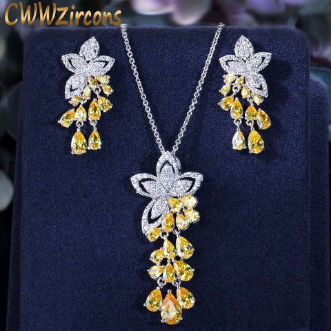CWWZircons 2022 New Arrival Cubic Zirconia Tassel Drop Flower Earrings and Pendant Necklace Fashion Ladies Jewelry Sets T334 ► Photo 1/6