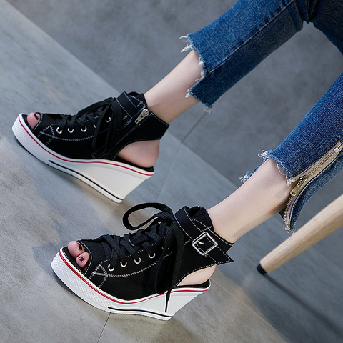 Woman Summer Wedges Canvas Shoes Peep Toe Breathable Casual Shoes Platform Casual High Tops Fashion shoes Plus Size MA-08 ► Photo 1/6