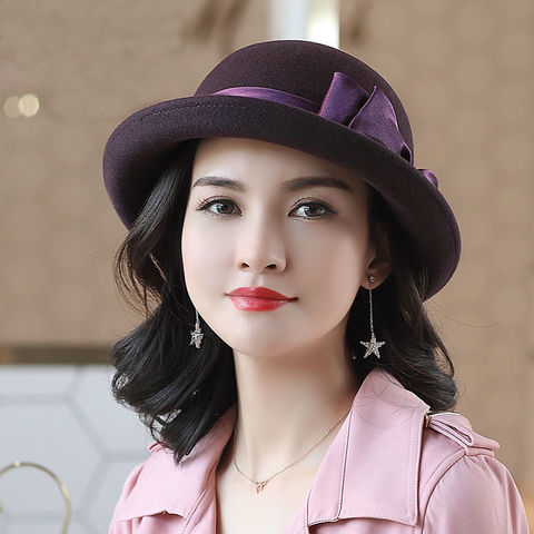 Beckyruiwu Mother Gift Lady Banquet Formal Felt Big Bowknot Fedora Hats Women Winter 100% Australia Wool Hat ► Photo 1/6