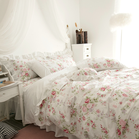 Korean style fresh garden flower bedding set princess cotton lace bed spread ruffles pillowcase duvet cover HM-01A ► Photo 1/6