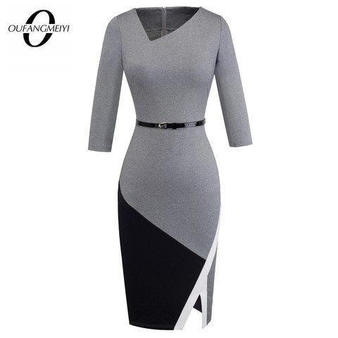 Women Formal Knee-Length Asymmetrical Neck With Belted Business Bodycon Elegant Pencil Dress EB290 ► Photo 1/6