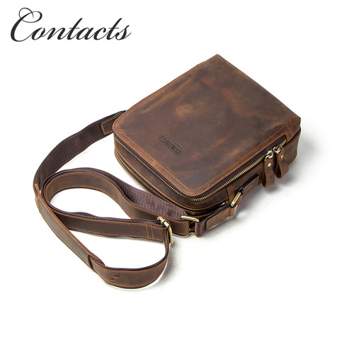 Contacts genuine crazy horse leather vintage men crossbody bag luxury messenger bags for men zipper shoulder bag bolso hombre ► Photo 1/6