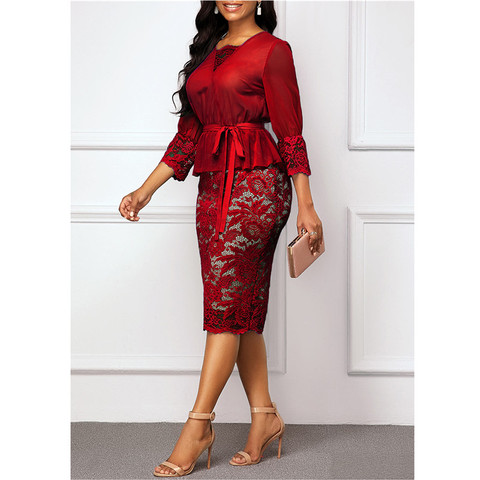 Summer Autumn Dress Women 2022 Casual Plus Size Slim Patchwork Lace Office Pencil Dresses Elegant Sexy V Neck Long Party Dress ► Photo 1/6