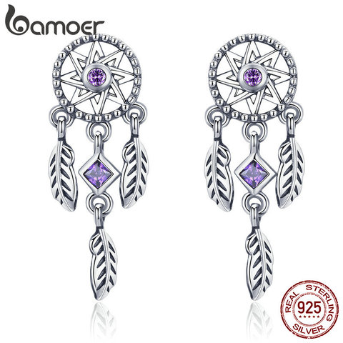 BAMOER 925 Sterling Silver Vintage Dream Catcher Drop Earrings for Women Purple Cubic Zircon Sterling Silver Jewelry SCE502 ► Photo 1/6