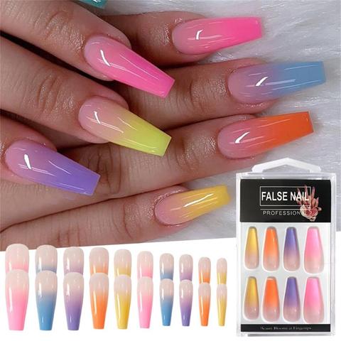 Buy Online 24pcs Set Gradient Color Long Coffin Fake Nails European Rainbow Ballerina Full Cover Fake Nail Extension Diy Colorful Nails Alitools