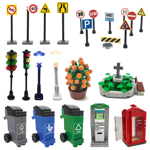 Creator City Telephone ATM Traffic Light Sign Trash Can Street View Bench Sets Toys For Children Kids Gifts City Building Blocks ► Photo 1/6