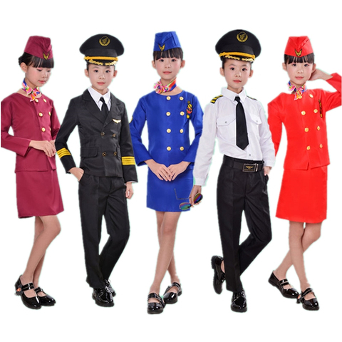 90-160cm Kids Aircraft Cosplay Costume Halloween Party Stewardess Suit Fancy Pilot Uniforms Girls Performance Clothing Set ► Photo 1/6