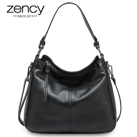 Zency 100% Genuine Leather Elegant Women Shoulder Bag Classic Black Hobos Roomy Casual Tote Handbag Crossbody Messenger Grey ► Photo 1/6
