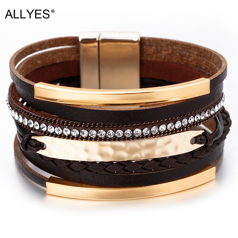 ALLYES Multilayer Leather Bracelet For Women Metal Bar Charm Braided Wide Wrap Bracelets & Bangles Woman Jewelry Black / Brown ► Photo 1/6