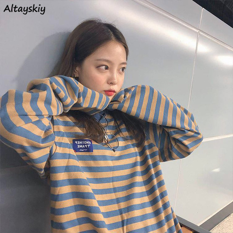 Long Sleeve T-shirts Women Retro Striped Classic Korean College Spring Autumn Teens Tops Tee All-match Daily Lovely Girls Top ► Photo 1/6